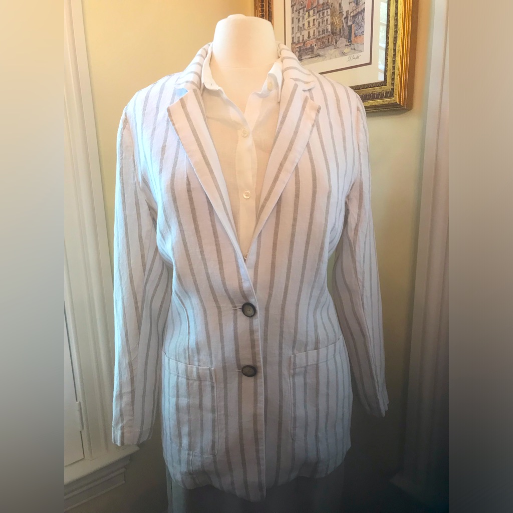 Nwot Garnet Hill Washed Linen Two Button Blazer In Natural With Khaki Stripe